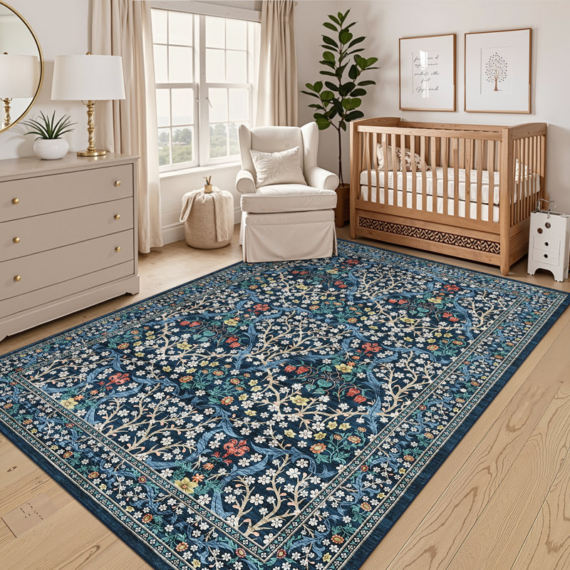 Vintage Floral Area Rug Washable Rugs Stain Resistant Easy Cleaning Indoor Carpet With Non-Slip Backing Low Pile Floor Cover Non Shedding Folding Throw Carpet For Home Decor