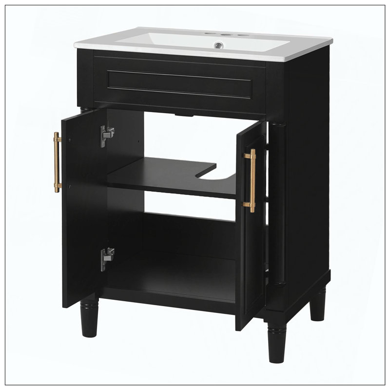 Meuble-lavabo encastré en céramique 2 portes pour salle de bain, Noir