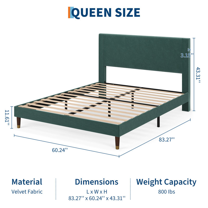 Base de lit plateforme grand format moderne, tête de lit tapissier en velours côtelé, support de lattes en métal robuste, capacité de 800 lb, aucun sommier nécessaire pour la chambre à coucher, vert foncé