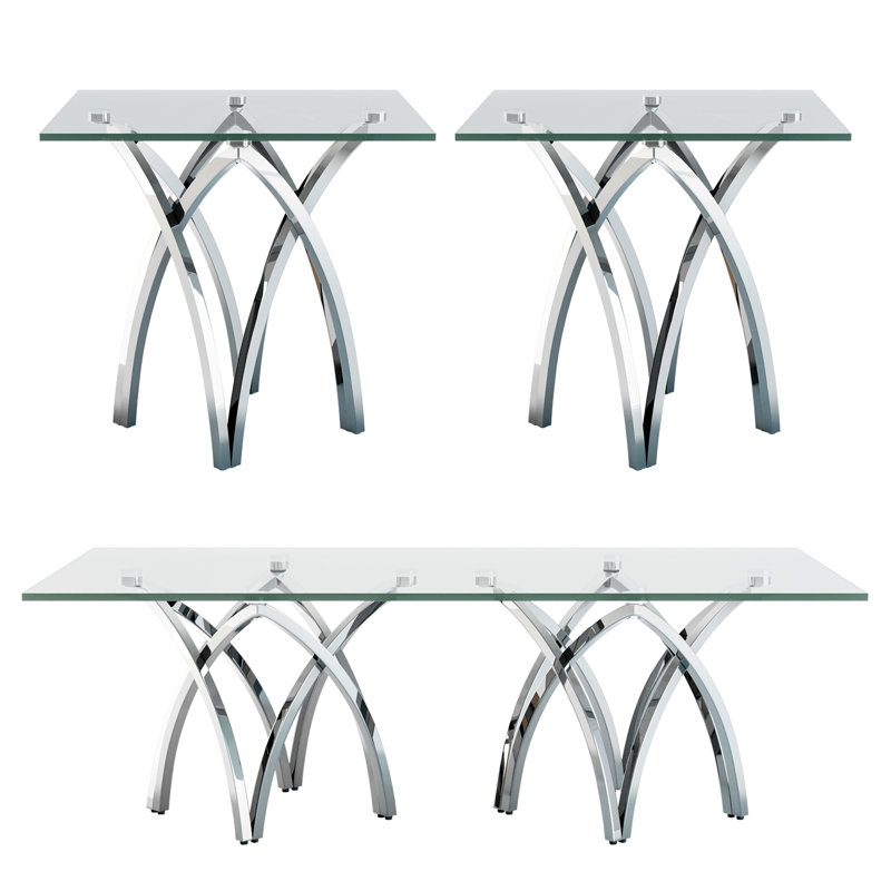 Ensemble de table de salon 3 pièces en verre trempé transparent et argent