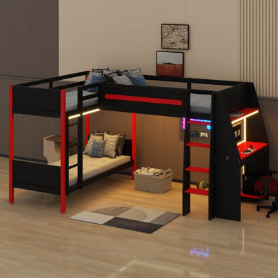 Lit superposé triple Gaming avec bureau, éclairage à DEL et tablettes de rangement, structure de lit superposé simple en L avec 3 lits