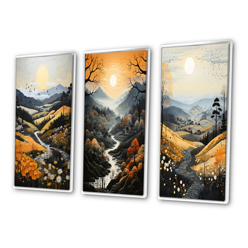 «Countryside Misty Morning Patchwork», 3 pièces sur toile, Cadre blanc, H 28 po x l 36 po