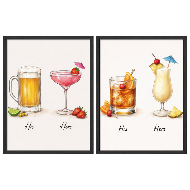 His and Hers Cocktail Drinks Framed Wall Art Prints Set of 2 - Bar Illustration Kitchen Dining Room, H 10 po x l 8 po, Blanc