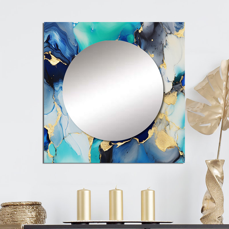 Dolansky - Blue and Gold Luxury Abstract Fluid Art X Fractals Large Square Mirror For Wall Art Decor, 29" x 29"