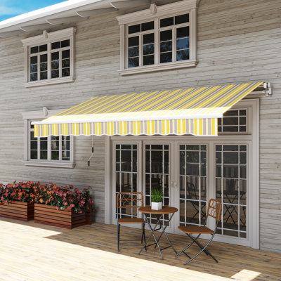 Auvent de terrasse rétractable 12 pi x 10 pi. Manivelle manuelle. 280G / M² et tissu d'eau. Cadre en aluminium. Abri soleil auvent jaune et gris. Manivelle, cadre pour terrasse, balcon, cour.
