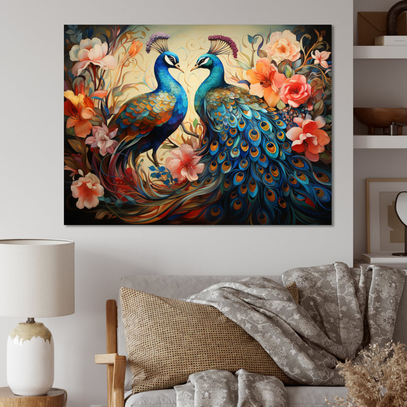 «Blue Coral Indian Art Dancing Peacocks I», art mural indien, H 34 po x l 44 po x P 1,5 po, Toile tendue