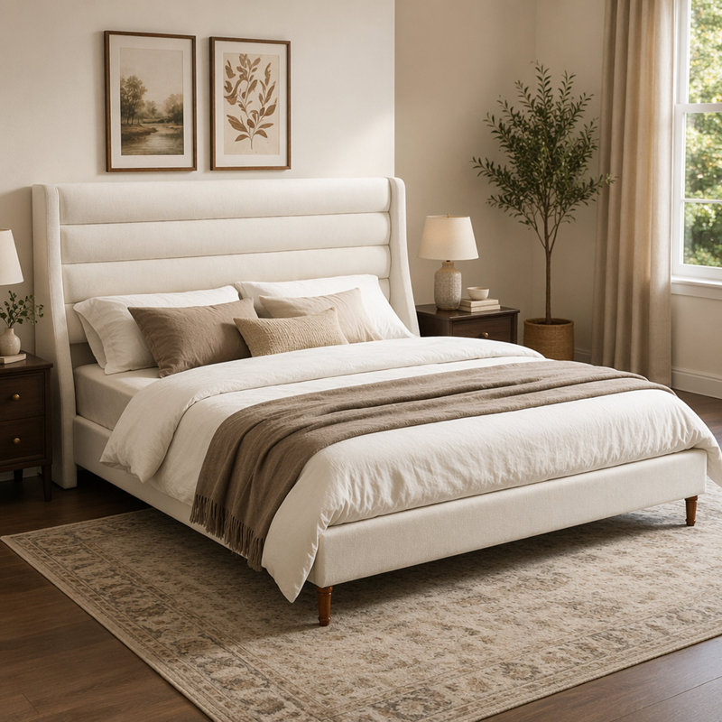 Lit plateforme très grand avec très grande tête de lit tapissier et tête de lit ondulée, tissu en chenille de qualité supérieure, lit plateforme minimaliste moderne sans sommier, assemblage facile, ivoire