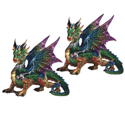 "2-PC Set" ICE ARMOR 9.5"W Green Dragon with Purple/Blue Wings Figurine Figurine Statue Ornament Home/Room Decor and Perfect Gift Ideas for House Warming, Holidays and Birthdays Great Collectible Addition
