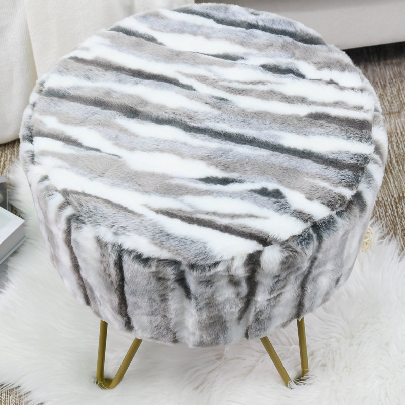 Repose-pieds multi-jacquard rond en fausse fourrure, Fausse fourrure grise