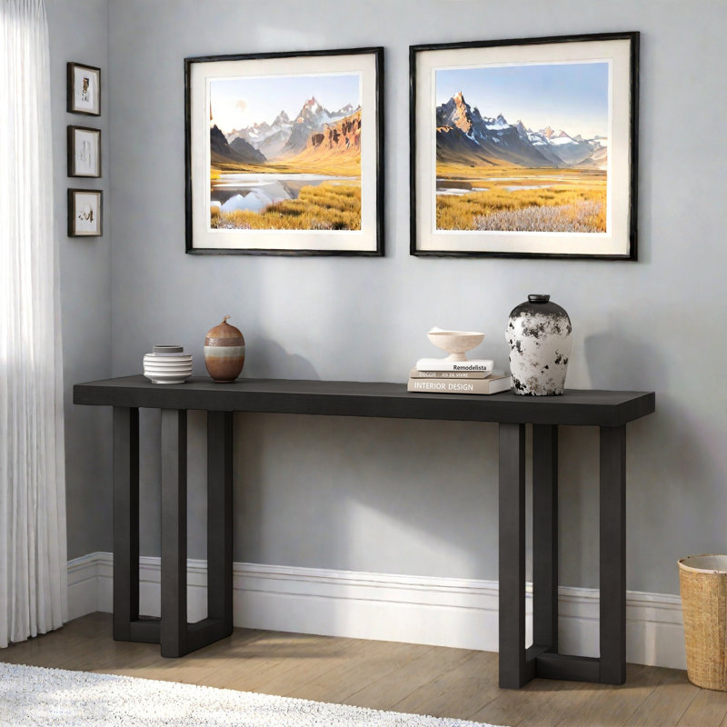 Modern Console Table With Geometric Design And Wood Legs, Black