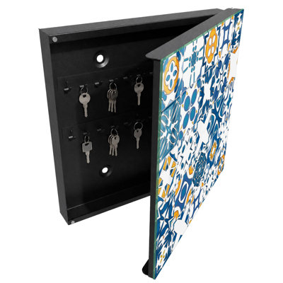Key storage box, Opens to the right, 30x30x5, White, Geometric patterns with blue and yellow contrast, 