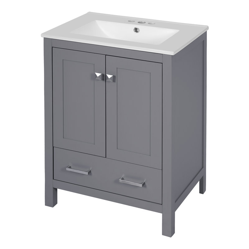 Meuble-lavabo simple 30 po avec plateau en céramique Nebo, Gris, Argent argent, 24"