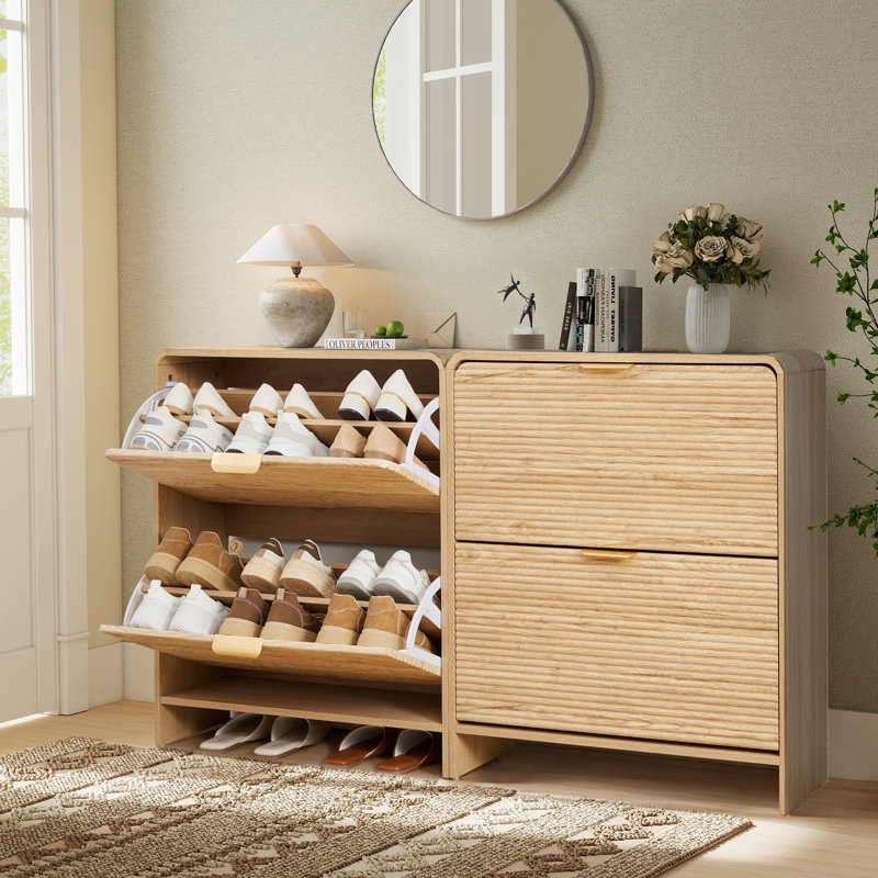 16 Pair Shoe Storage Cabinet With 2 Flip Drawers, Natural