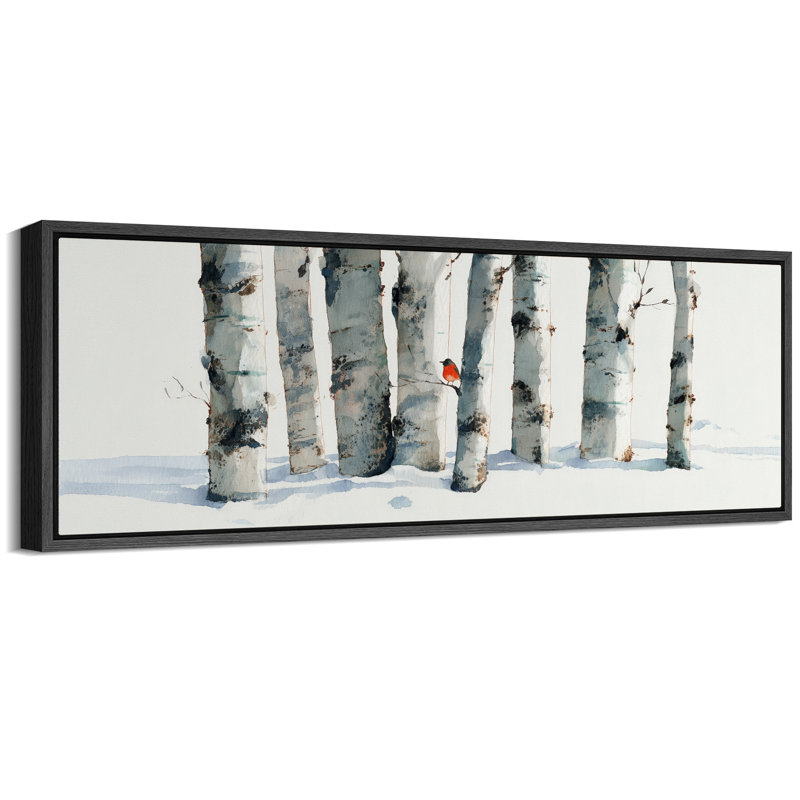 «Winter Tree Forest with Red Bird», très grandes photos, impression sur toile encadrée, H 20 po x l 60 po, Noir
