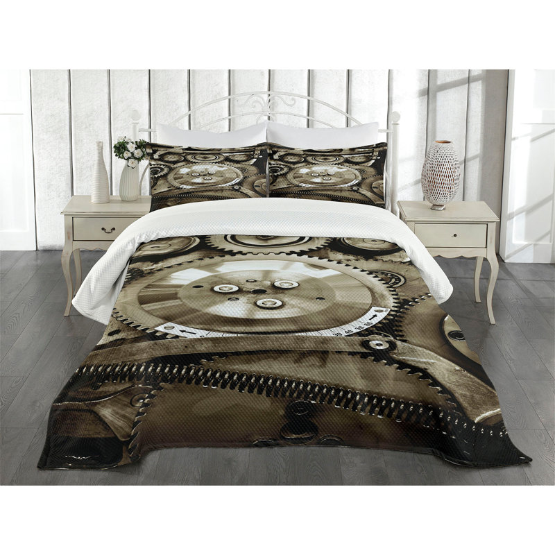 Ambesonne Industrial Bedspread Set Aged Gears Sepia, King Bedspread + 2 Standard Shams
