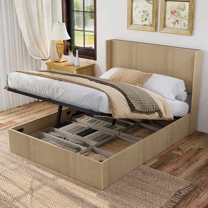 Lit de rangement relevable hydraulique en bois avec tête de lit à oreilles, sans sommier requis / pas de bruit, bois naturel à lattes