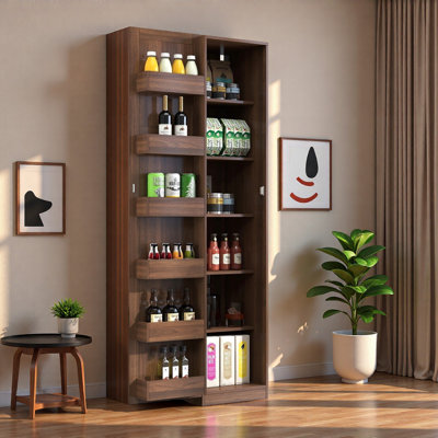 Armoire à vin de 68,7 po de hauteur, armoire de rangement autoportante en noyer avec portes et tablettes, armoire de rangement pour cuisine, salon et salle à manger