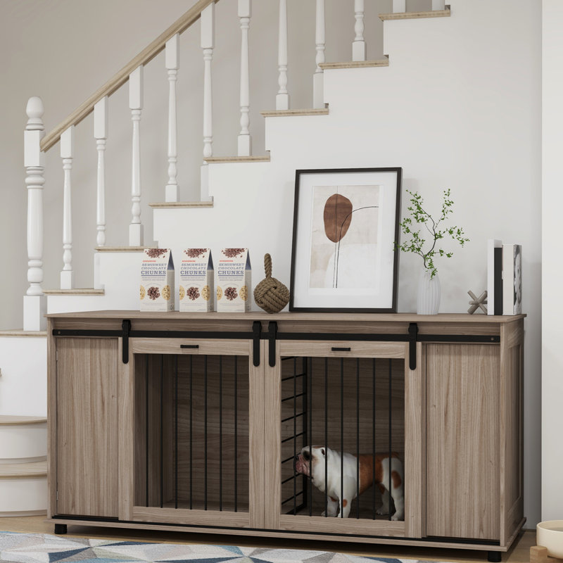 71" Walnut Dog Crate Furniture With Removable Partition For 2 Small Dogs/1 Large Dog, Storage & Double Sliding Doors Table Kennel Furniture, Barrier Different Sized Dogs
