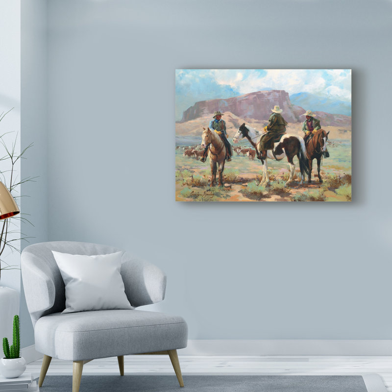 « three cowboys », reproduction de peinture à l’acrylique sur toile tendue, H 14 po x l 19 po x P 2 po