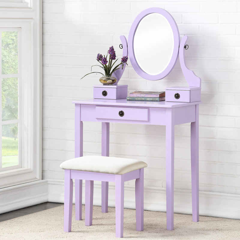 Coiffeuse et tabouret en bois mauve avec miroir à 3 tiroirs réglable, Purple