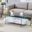 Table basse moderne à deux niveaux - Verre trempé transparent et texture marbre, design de rangement multifonctionnel L'étage inférieur comprend un tiroir