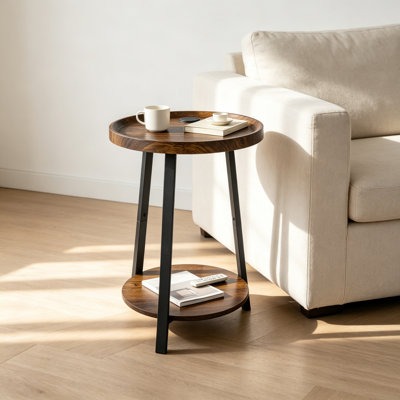 Table d'appoint ronde brune à 2 niveaux avec tablette de rangement ouverte, table de chevet moderne avec ports de chargement USB et CA pour le salon, la chambre à coucher et le bureau