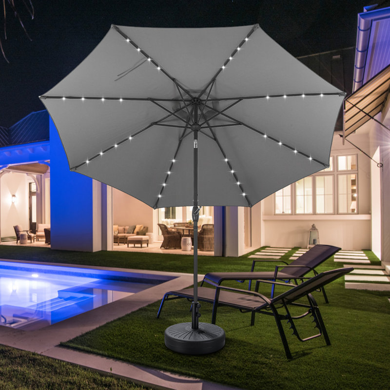 Parasol de marché illuminé 10 pi avec plage 8 côtes, Gris