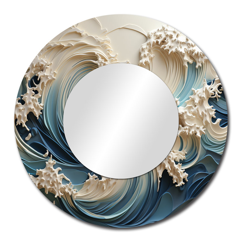 White And Blue Wave Papercut Style III - Waves Mirror, Coastal Round Unique Wall Mirror, Printed Metal Art, 29" x 29"