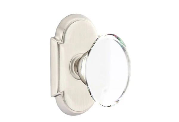 Ensemble de mortaise intérieure Emtek avec rosette et bouton de verre Hampton (droite) # 8, Nickel satiné