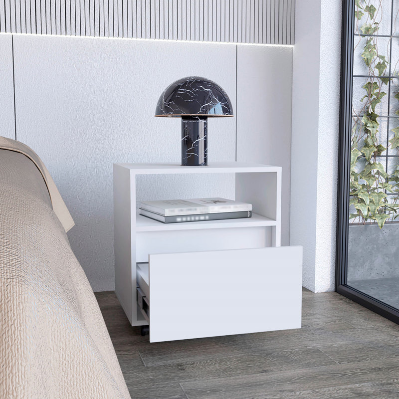 Table de chevet H 20 po, avec une tablette ouverte, 1 tiroir et des roulettes, Blanc
