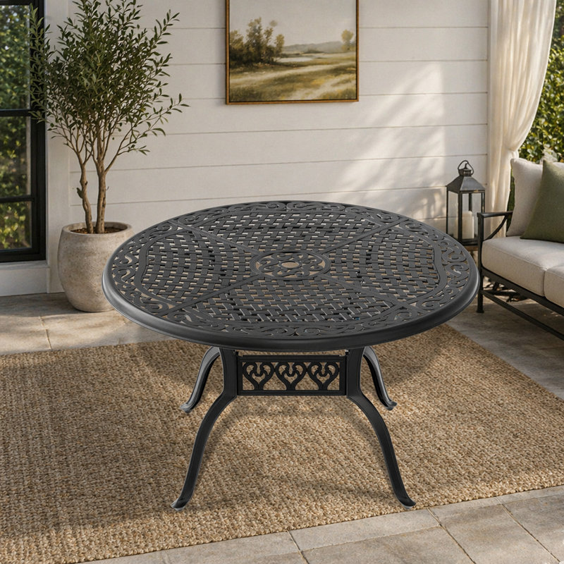 Table de patio en fonte d'aluminium, table de salle à manger sculptée résistante aux intempéries avec trou pour parasol et patins antidérapants pour jardin