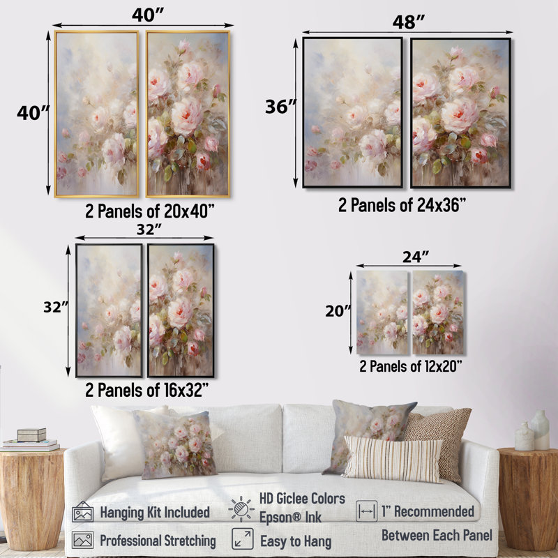 «Pink Roses Farmhouse Charm» - art mural moderne 2 panneaux, 20" H x 24" W, Floater Framed Print without Mat, Gold