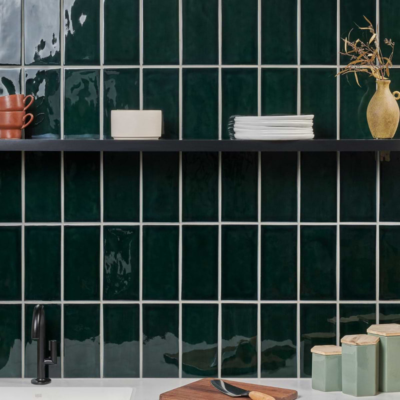 Nabi Subway 4.5x9 Subway Polished Glass Tile, Midnight Blue Green