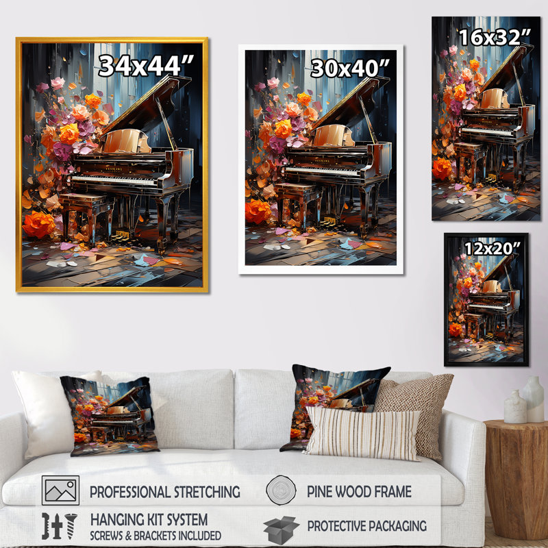 Floral Floral Magic Melody I - Piano, art mural, Cadre flottant noir, H 32 po x l 24 po x P 1 po