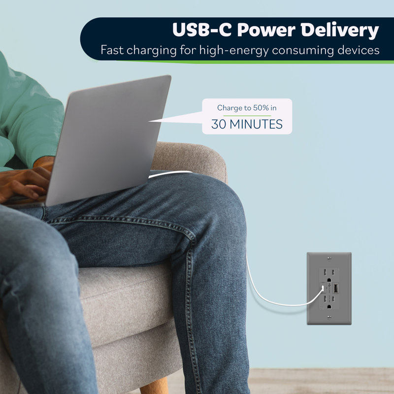 Prise USB de 15 ampères avec protection d'alimentation TopGreener, gris