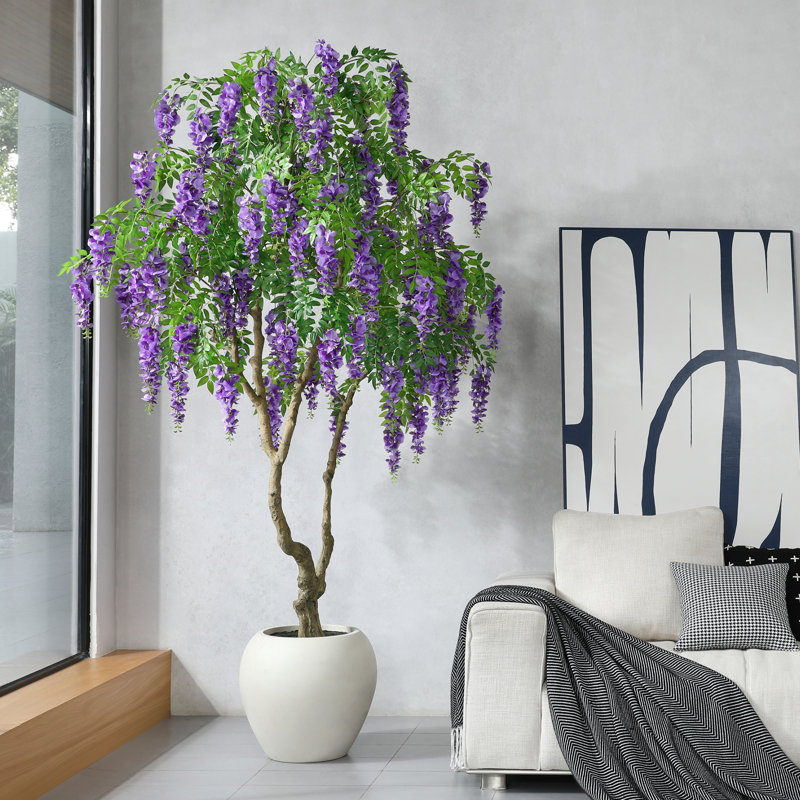 8ft Artificial Flower Tree with 18in White Planter, Tall Faux Matthiola incana Trees for Indoor