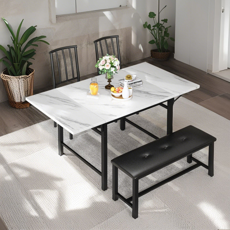 Ensemble de table de salle à manger extensible 4 pièces pour 4 à 6 personnes, ensemble de table de salle à manger de style Mid-Century de 58 po avec table en faux marbre, 1 banc et 2 chaises à dossier, ensemble de table de salle à manger avec abatta