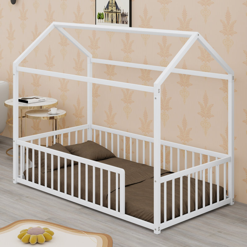 Lit sur pied Montessori avec conception de maison et clôture de protection, Lit simple, Blanc
