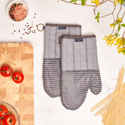 Nautica Home Grey Striped 100% Cotton Oven Mitts With Silicone Grip