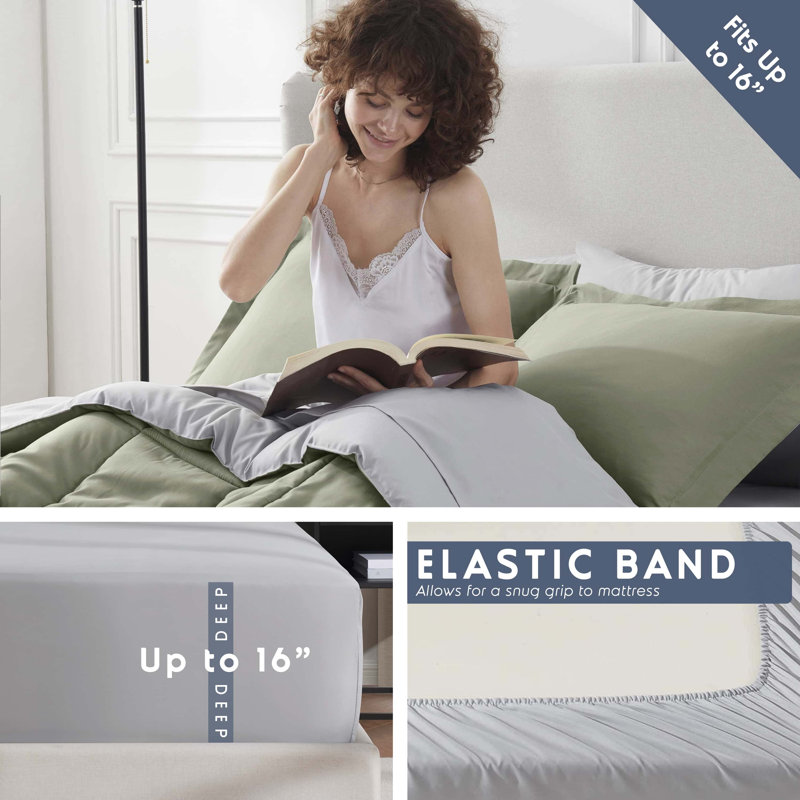 Ensemble d'édredon réversible avec draps Bed-in-a-bag, Édredon très grand + 7 articles supplémentaires, Sauge pâle