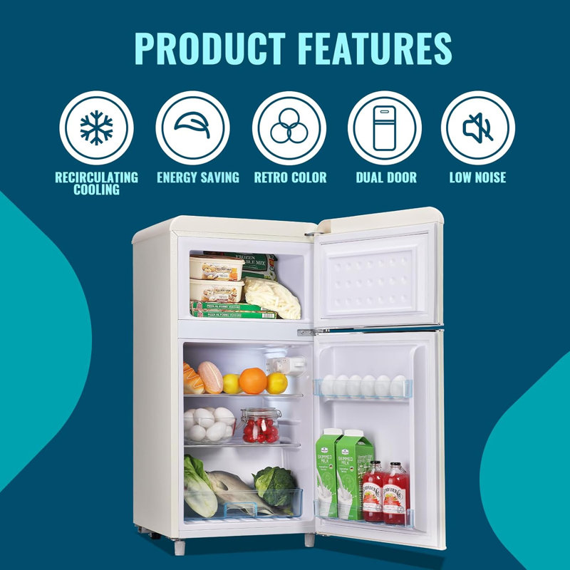 Compact Cream Freestanding Mini Fridge with Glass Shelves