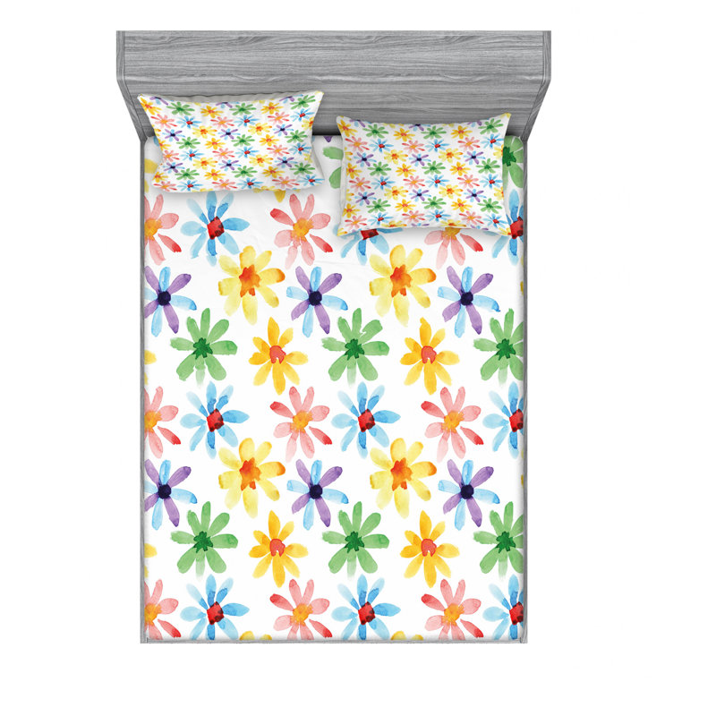 Microfiber Floral Sheet Set, Full/Double Sheet Set with Fitted Sheet, Graphic Tile With Clouds Floral