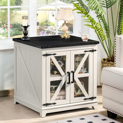 Table d'appoint de style champêtre en bois avec porte de grange en verre et station de recharge