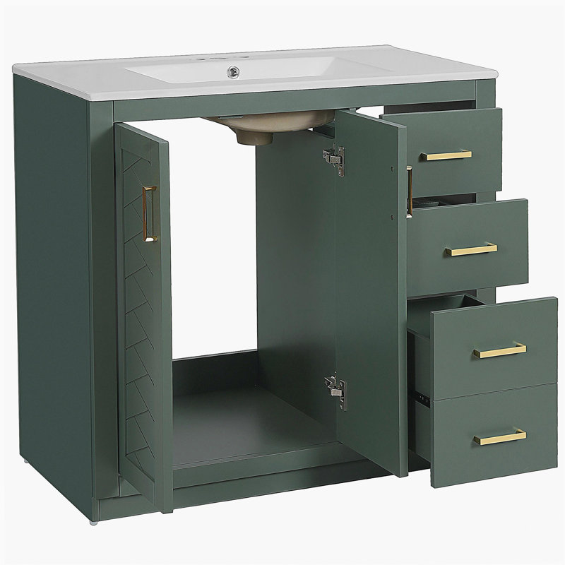 Ensemble de meuble-lavabo 36 po avec lavabo en céramique, armoire de rangement en bois massif, ensemble de meuble-lavabo autoportant avec 3 tiroirs et portes à fermeture douce