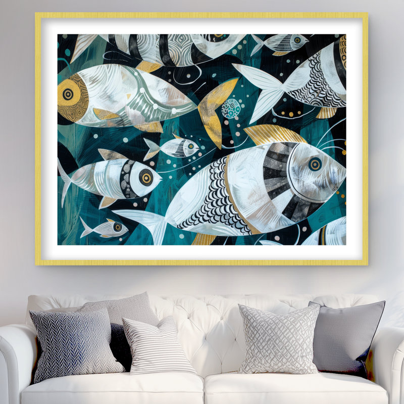 School of Fish - Reproduction matte encadrée grise pour la décoration intérieure