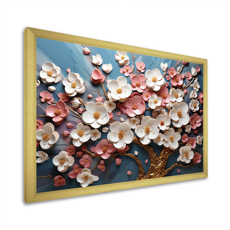 Orchidée rose et or jardin de branches I - art mural arbre, Cadre d'angle fermé doré, H 24 po x l 32 po x P 1 po