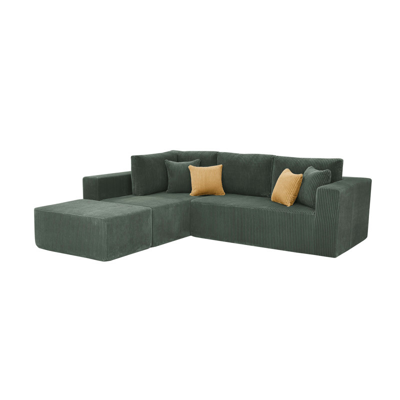 Full Compressed Corduroy Upholstered Sectional With Moveable Ottoman - No Assembly Needed