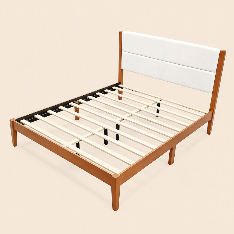 Structure de lit plateforme Mid-Century moderne avec tête de lit tapissier, support de lattes en bois massif, aucun sommier requis, assemblage facile