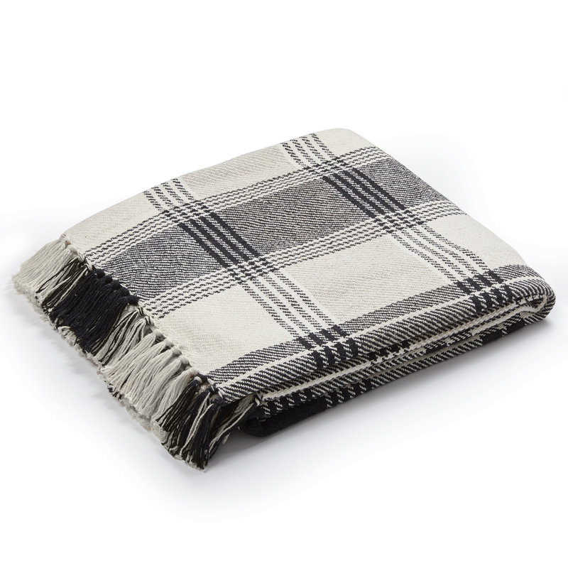 Jeté rayé ou à carreaux 100% coton 50 x 60 avec franges - idéal pour un lit, un canapé ou une chaise, Carreauté beige et noir