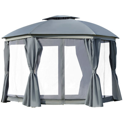 Abri de jardin rond 12 pi x 12 pi, abri de jardin à dôme de patio avec double toit, parois et rideaux en filet, portes à fermeture à glissière, cadre en acier robuste, gris
